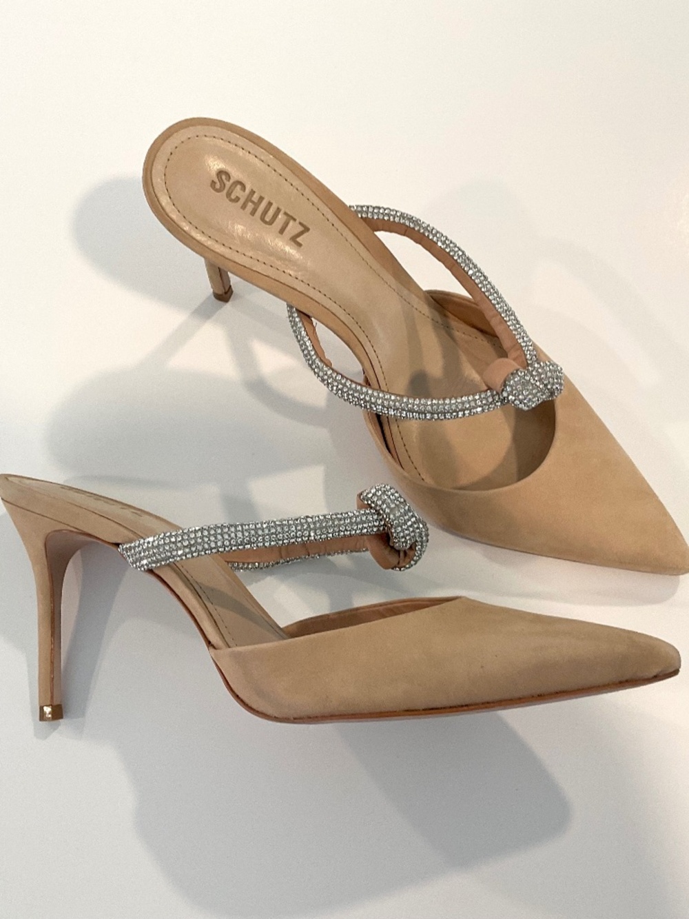 SCHUTZ Crystal Embellished Beige Nubuck Leather Pointed Toe Pump Size 8.5 - Picture 9 of 9